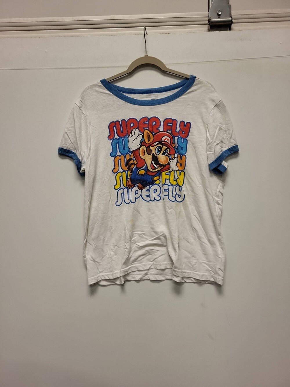 Super Mario Super Fly Ringer T Shirt XL XG Nintendo Graphic Tee White Blue